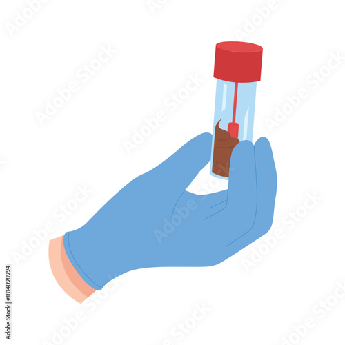 Medical worker with blue glove holding isolated stool test container for laboratory analysis vector illustration