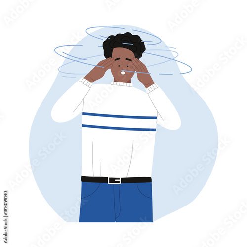 Young man holding head with swirling lines showing vertigo symptoms on isolated white background vector illustration