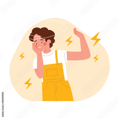 Confused young person feeling dizzy and unwell with vertigo symptoms on isolated background vector illustration