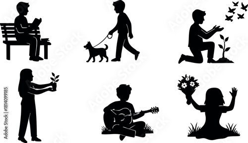 Silhouettes of people with dog sitting playing guitar gardening and holding flowers vector illustration