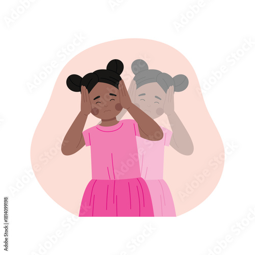 Isolated young girl holding head with vertigo and dizziness effect shown in vector illustration