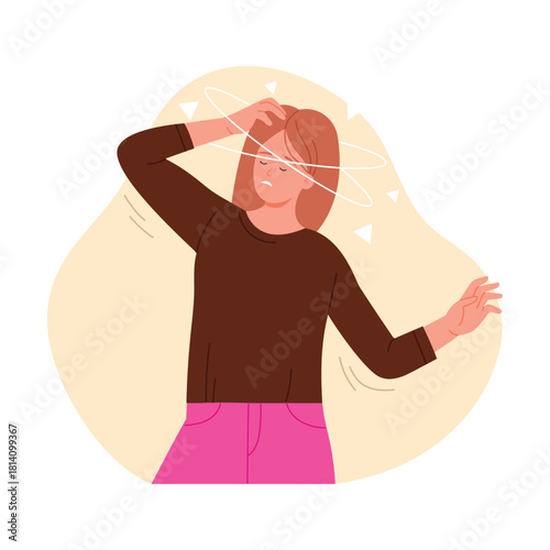 Young woman feeling dizzy and disoriented with vertigo symptoms on an isolated background vector illustration