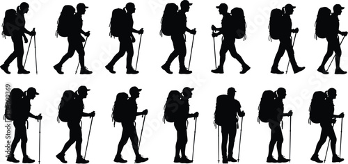 Hiking people silhouettes, set of vector illustrations of male and female trekkers, backpackers, hikers with backpacks and trekking poles, walking or standing, full body profile.
