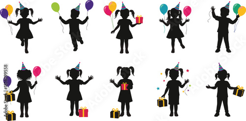Kids Birthday Party Silhouettes Set, Children Wearing Party Hats Holding Gifts, Colored Balloons, and Confetti for Fun Celebration Vector