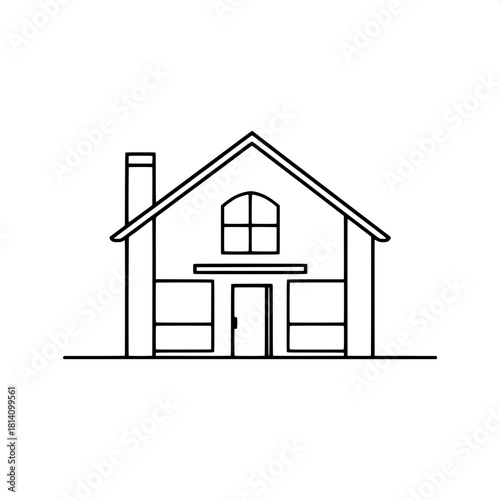 A stylized geometric house design outlined in bold black lines with solid white interior shapes featuring a prominent chimney and a perfectly symmetrical façade created in a contemporary vector-graphi