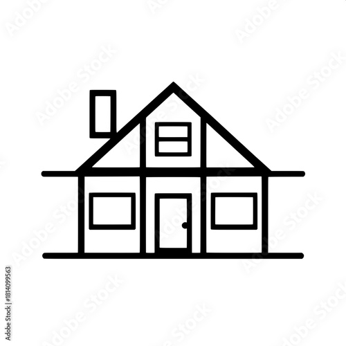 A stylized geometric house design outlined in bold black lines with solid white interior shapes featuring a prominent chimney and a perfectly symmetrical façade created in a contemporary vector-graphi