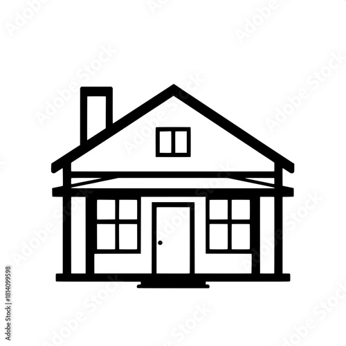 A stylized geometric house design outlined in bold black lines with solid white interior shapes featuring a prominent chimney and a perfectly symmetrical façade created in a contemporary vector-graphi