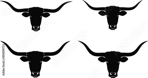 Longhorn bull head silhouettes vector set, detailed cattle, ox, or Texas Longhorn skull symbols, livestock or ranch animal icons, western wild west graphic elements, black color.