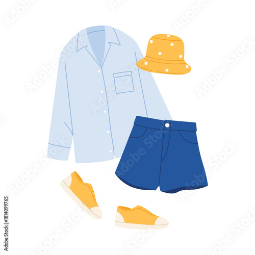 Isolated casual women outfit set with shirt shorts hat and sneakers on white background vector illustration