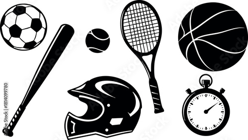 Sports equipment collection with baseball bat helmet tennis racket basketball stopwatch soccer ball and tennis ball vector illustration