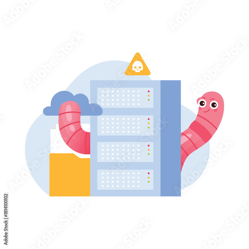 Isolated cartoon worm attacking cloud server and data folder in cybersecurity threat vector illustration