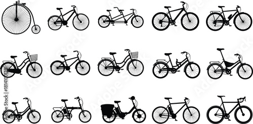 Large vector set of bicycle silhouettes, featuring classic, mountain, tandem, electric, and urban bikes, ideal for transportation, cycling, and eco-friendly design concepts.