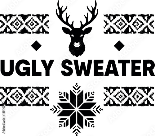 Ugly sweater design with reindeer and snowflake winter holiday festive vector illustration