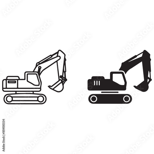Stylized Excavator Graphics: Outline and Silhouette Icons