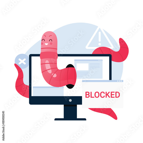 Isolated cartoon computer worm attack blocked on screen with warning sign vector illustration