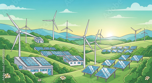 Optimistic illustration of a sustainable future, showcasing green hills dotted with wind turbines and solar panels, capturing clean renewable energy for an eco-friendly world