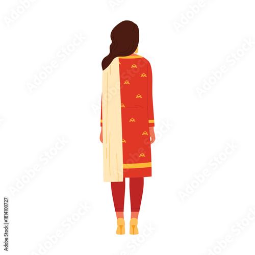 Back view of Indian woman in red ethnic outfit on white isolated background vector illustration