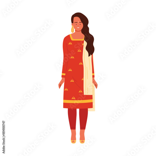 Isolated Indian woman wearing red ethnic salwar kameez with dupatta and jewelry vector illustration