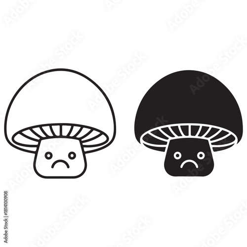 Unhappy Mushroom Character Illustration in Outline and Silhouette