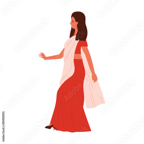 Elegant isolated Indian woman in red saree walking, side view, traditional clothing, white background vector illustration