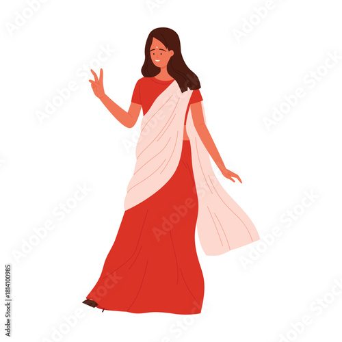 Isolated cheerful Indian woman wearing red saree showing peace sign on white background vector illustration
