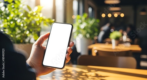 Imagen de maqueta UI UX de un teléfono inteligente con pantalla transparente en blanco, en las manos en una mesa en un acogedor ambiente de cafetería o restaurante.
 Para aplicaciones de catering o re