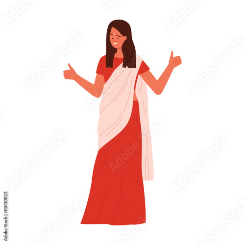 Confident Indian woman in red saree giving thumbs up, smiling and standing isolated vector illustration