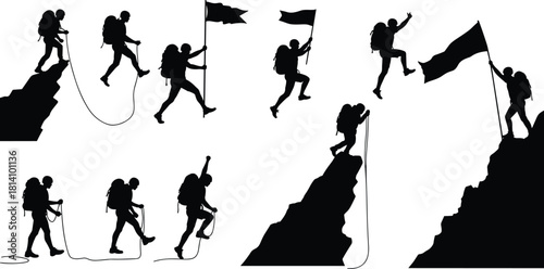 Mountain climbing and trekking adventurer silhouettes vector illustration set, featuring people ascending peaks, planting a flag on the summit, and using ropes for extreme outdoor adventure.