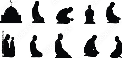 Muslim people performing Islamic prayer (Salat) silhouettes vector illustration set, featuring different positions of worship, kneeling, bowing, and a mosque dome with a crescent moon.