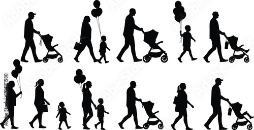 Parents and Children Silhouettes Set with Strollers and Balloons, Vector Illustration of Families Walking Outdoors, Representing Parenthood and Childhood Life