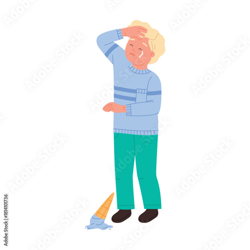 Unhappy kid crying after dropping ice cream cone on white isolated background vector illustration