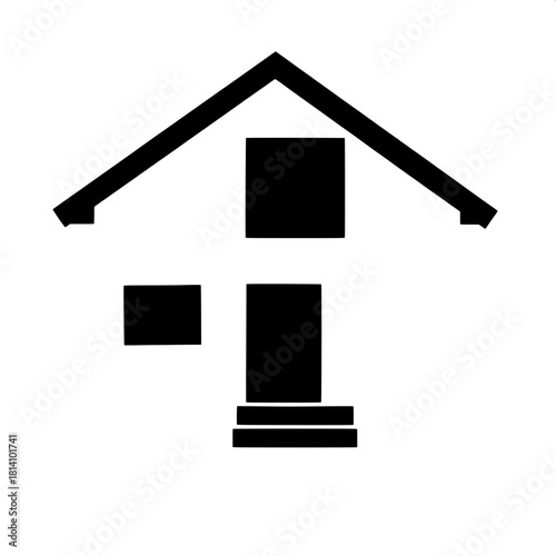 A clean, high-contrast black-and-white icon of a modern house, with a large rectangular window, a sharply angled gabled roof, and three straight front steps, rendered in a flat vector style with no sh