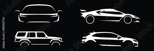 Automotive silhouette icons set featuring various modern vehicles.