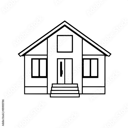 A clean, high-contrast black-and-white icon of a modern house, with a large rectangular window, a sharply angled gabled roof, and three straight front steps, rendered in a flat vector style with no sh
