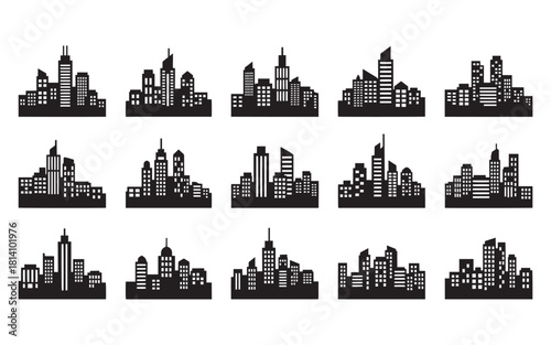City skyline silhouettes collection: urban landscape vector icons