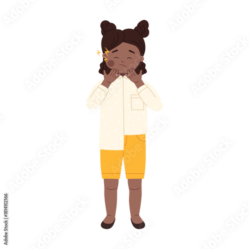 Unhappy kid holding cheek in pain from toothache, standing isolated on white background vector illustration