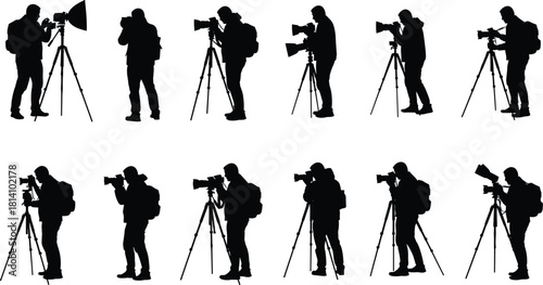 Professional Photographers Silhouette Set, Vector Illustration of Male Cameramen with DSLR Cameras on Tripods, Capturing Photos in Studio and Outdoors