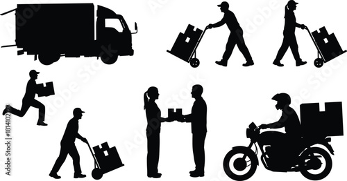 Delivery and logistics services vector illustration silhouette set, featuring truck, delivery workers, moving packages, and a motorcycle courier, excellent 