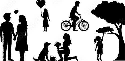 Romantic couple with dog bicycle girl and tree silhouette vector illustration black and white