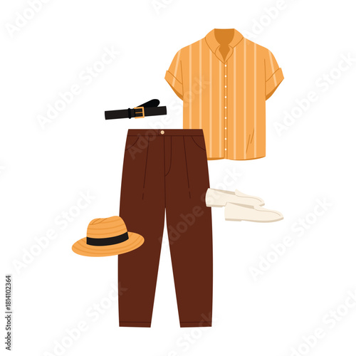 Stylish men outfit set with shirt pants belt shoes and hat on white isolated background vector illustration
