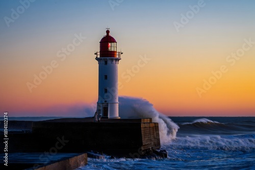 Wallpaper Mural Dramatic Wave Crashing Against Lighthouse at Sunset Torontodigital.ca