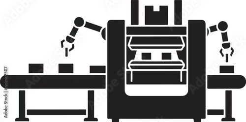 Automated factory production line with robotic arms and machinery
