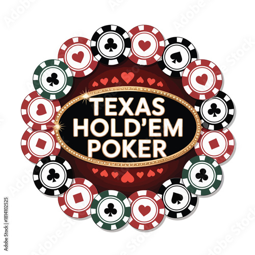 Oval arrangement of texas hold em poker chips with text in center