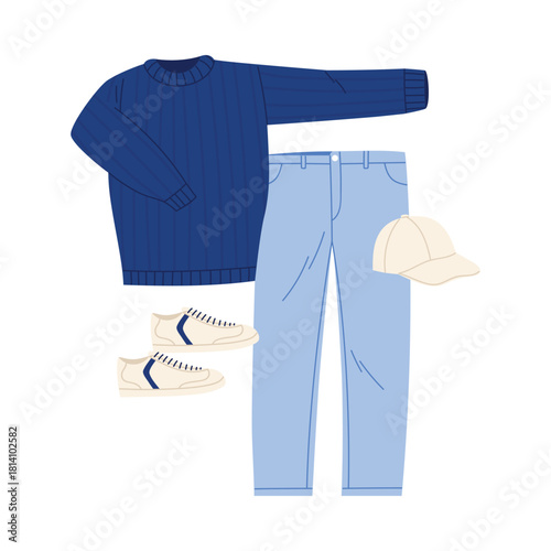 Isolated casual men outfit set with blue sweater, light jeans, sneakers, and cap vector illustration