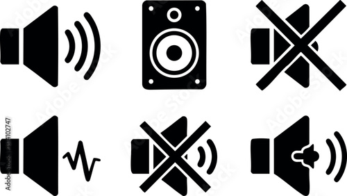 Black sound speaker mute vector icons set volume control symbols for audio devices and multimedia systems