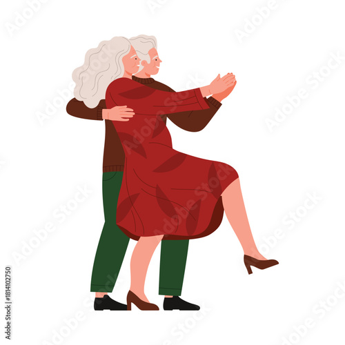 Happy pensioners dancing in embrace, celebrating life and movement on an isolated white background vector illustration