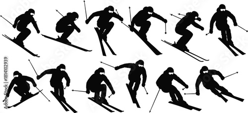 Set of alpine skiing silhouettes, downhill skiers wearing winter sports clothing, professional athletes on snow slope, winter sport activity, vector illustration collection.
