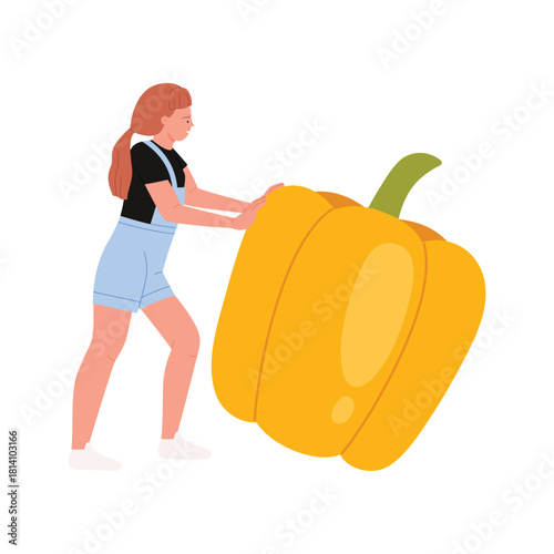 Young woman in overalls pushing huge yellow bell pepper on white isolated background vector illustration