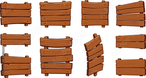 Set of cartoon wooden signs and blank banners, vector collection of distressed wood panels for game UI, pirate, western, or old notice design.