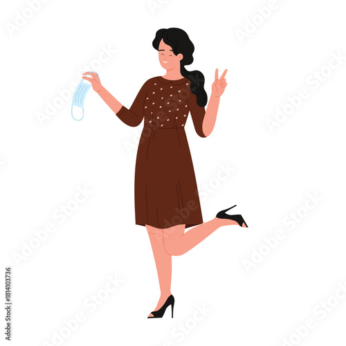 Smiling woman in brown dress holding mask and making peace sign on isolated white background vector illustration
